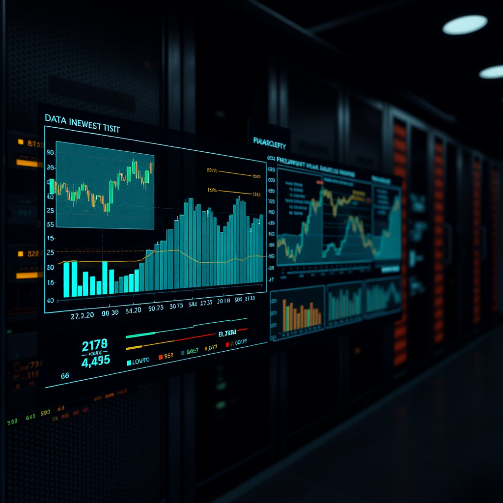 Create a photorealistic image of a data visualization, with charts, graphs, and numbers representing financial data. The visualization should be dynamic and interactive, conveying the power of data-driven insights. The background should be a dark, abstract representation of a server room, emphasizing the technological aspect of data analysis. The overall style should be sophisticated and informative, conveying the importance of data in investment decision-making.