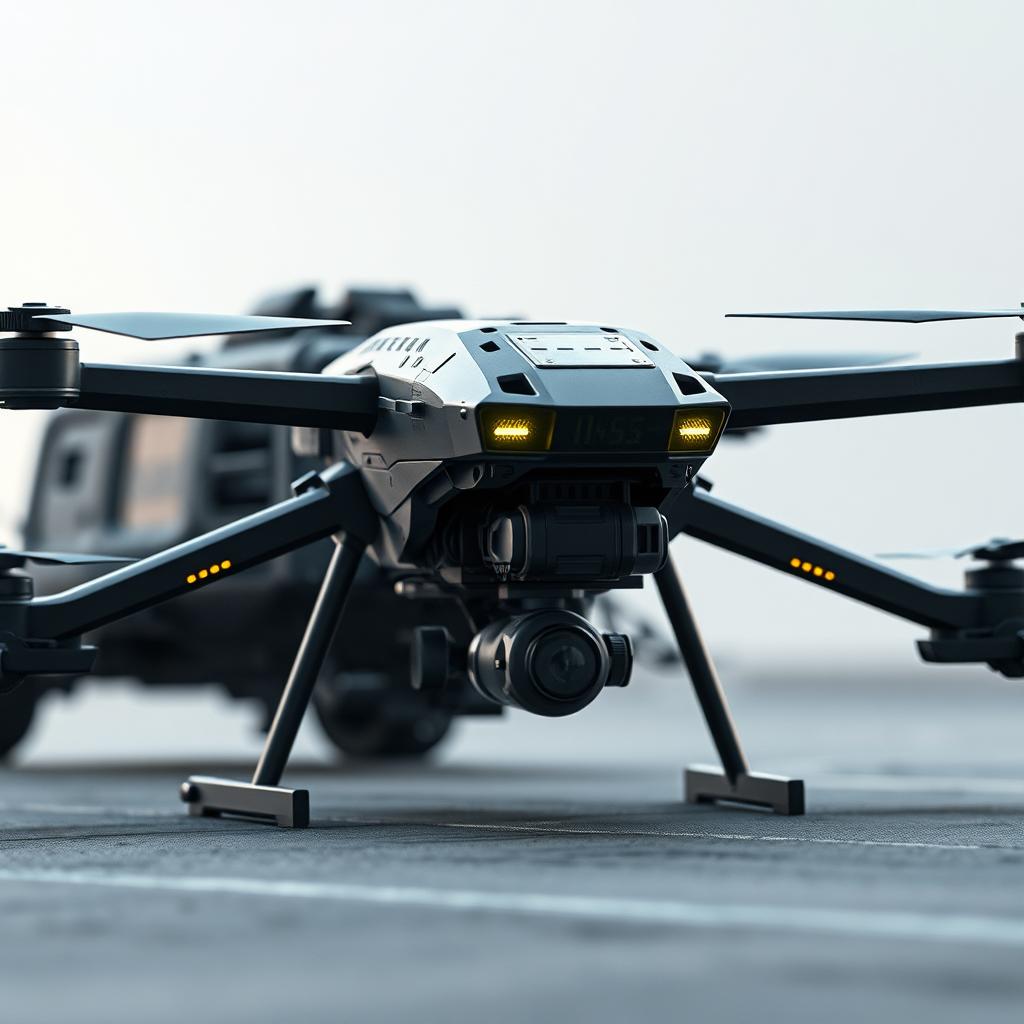 Create a photorealistic image of a cutting-edge defense product, such as a drone, a security system, or armored vehicle. Focus on the advanced technology and design elements of the product. The composition should highlight the product's capabilities and features, emphasizing its innovative qualities.