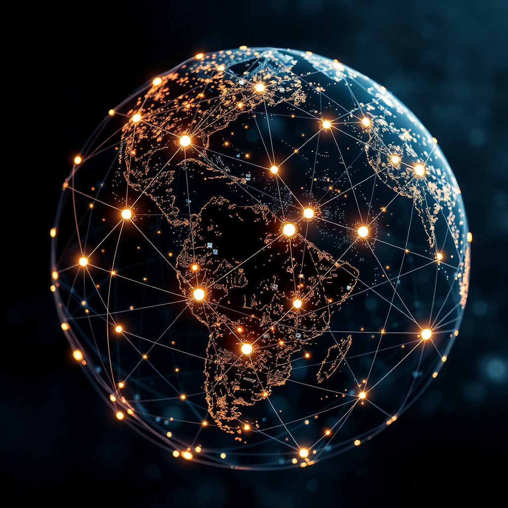Create a photorealistic image of a globe with interconnected nodes and lines representing global markets. The nodes should be brightly lit, and the lines should pulsate with energy, symbolizing the flow of capital and information. The background should be a dark, abstract representation of space, emphasizing the global reach. The camera angle should be a medium shot, focusing on the intricate details of the network. The lighting should be dramatic, with highlights and shadows creating depth and dimension. This image should convey the complexity and interconnectedness of global finance.