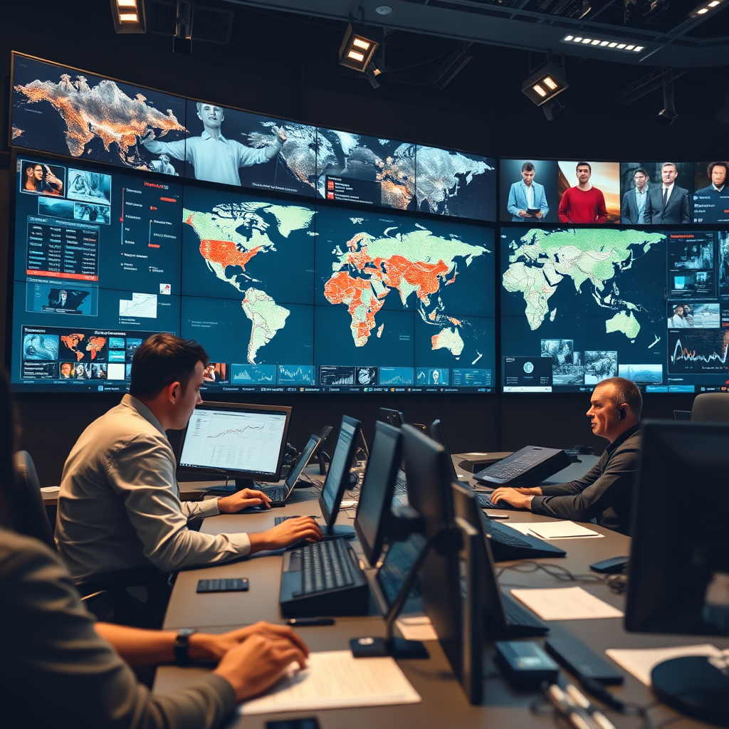 Create a photorealistic image of a newsroom scene, focused on a large digital display showing various global hotspots and security incidents. Journalists are actively working, typing on computers, and monitoring incoming reports. The lighting should be bright and focused, highlighting the urgency and importance of the information being processed. Include maps, charts, and graphs on the screens to represent data analysis. Aim for a dynamic composition, capturing the fast-paced environment of a news organization.