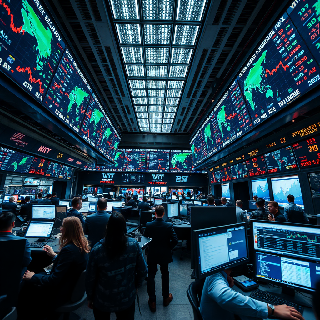 Create a photorealistic image of a trading floor with screens displaying real-time data from around the world. The traders should be diverse and engaged, representing the global nature of trading. The lighting should be bright and energetic, conveying the fast-paced environment of a trading floor. The camera angle should be a medium shot, capturing the energy and intensity of the scene. This image should symbolize the excitement and opportunity of global trading.