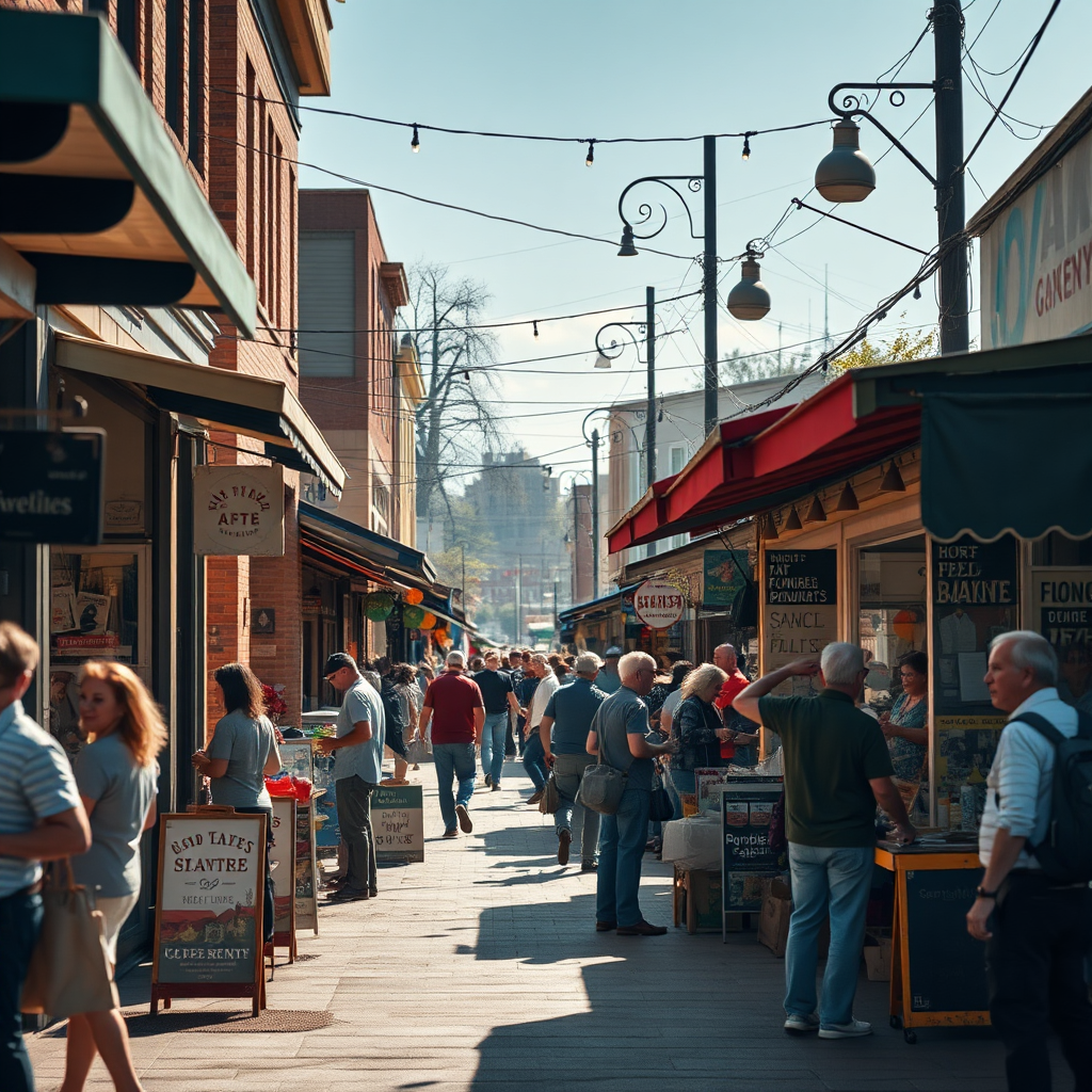 Create a photorealistic image depicting a thriving local business district, with people interacting and engaging in commerce. The scene should be bathed in warm, natural light, conveying a sense of community and prosperity. The camera angle should be a street-level shot, capturing the vibrancy of the local economy. The image should be realistic and relatable, emphasizing the importance of local investment.