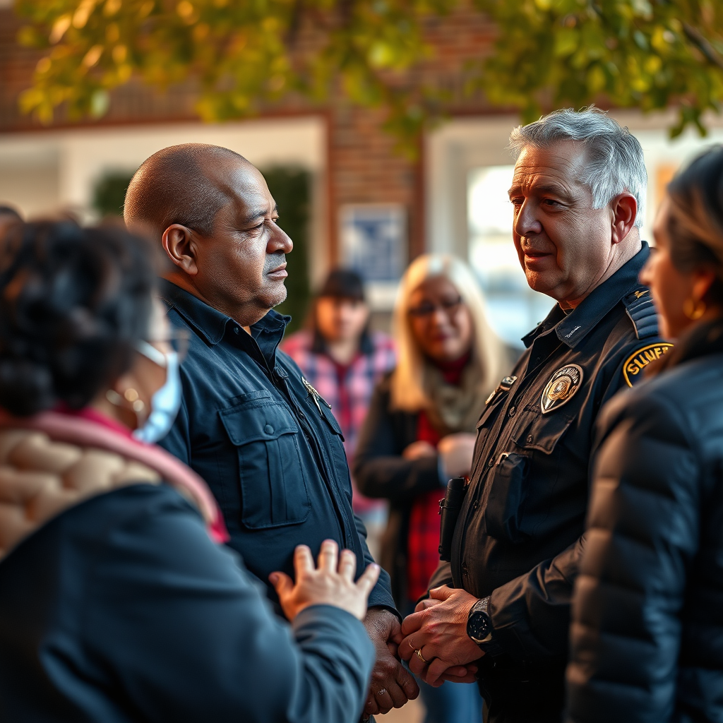 Create a photorealistic image of a local police officer interacting with community members. Focus on their faces and body language to convey trust and reassurance. In the background, show subtle signs of community watch, neighborhood safety initiatives, and shared support among residents. The lighting should be natural and warm, indicating a sense of security and community.