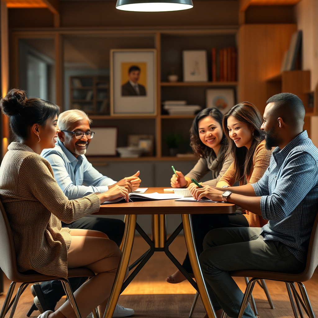 Create a photorealistic image of a diverse group of people sitting around a table, discussing financial plans. The atmosphere should be collaborative and supportive, conveying the importance of financial planning. The lighting should be warm and inviting, creating a sense of trust and openness. The image should be realistic and relatable, emphasizing the accessibility of financial planning resources.