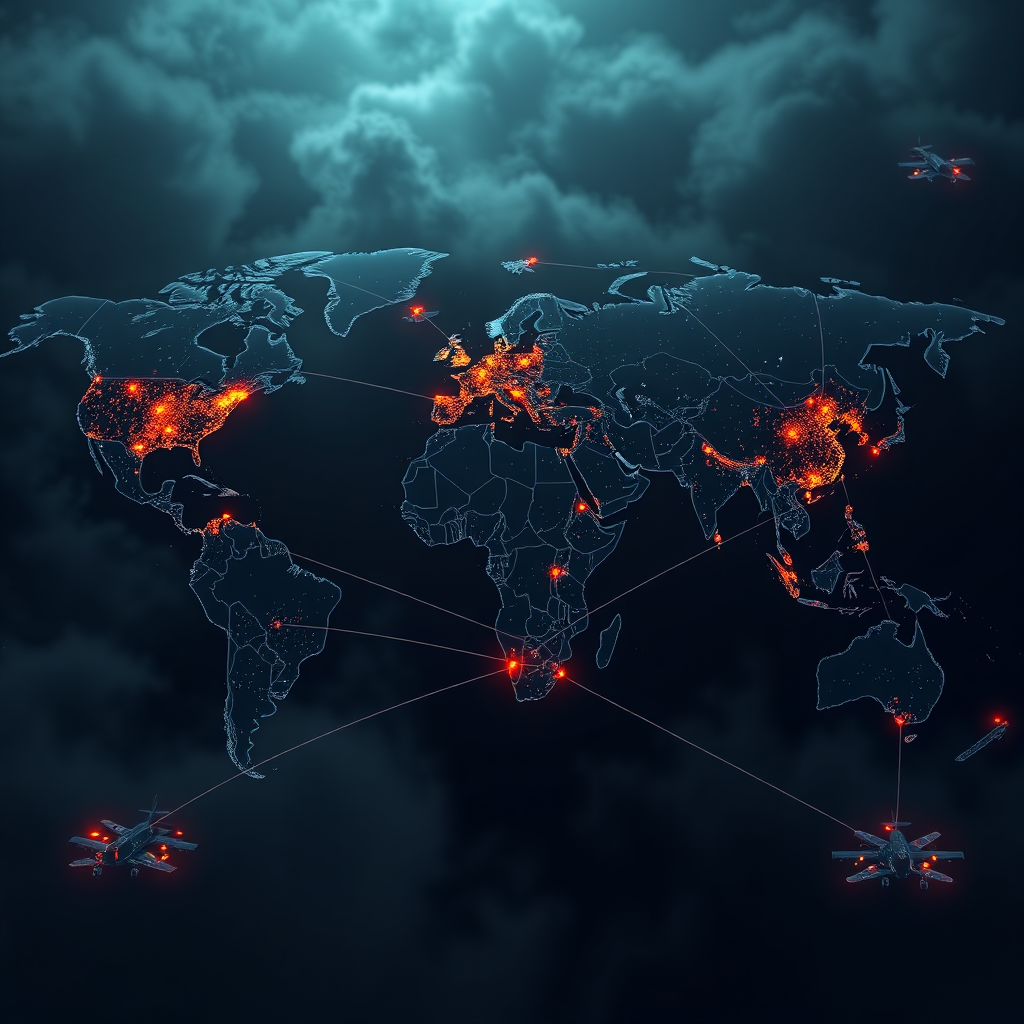 Create a rendering of a global communication network connected to various airbases around the world. Display data streams visually. Color: Dark and mysterious. Technical specs: 4K.