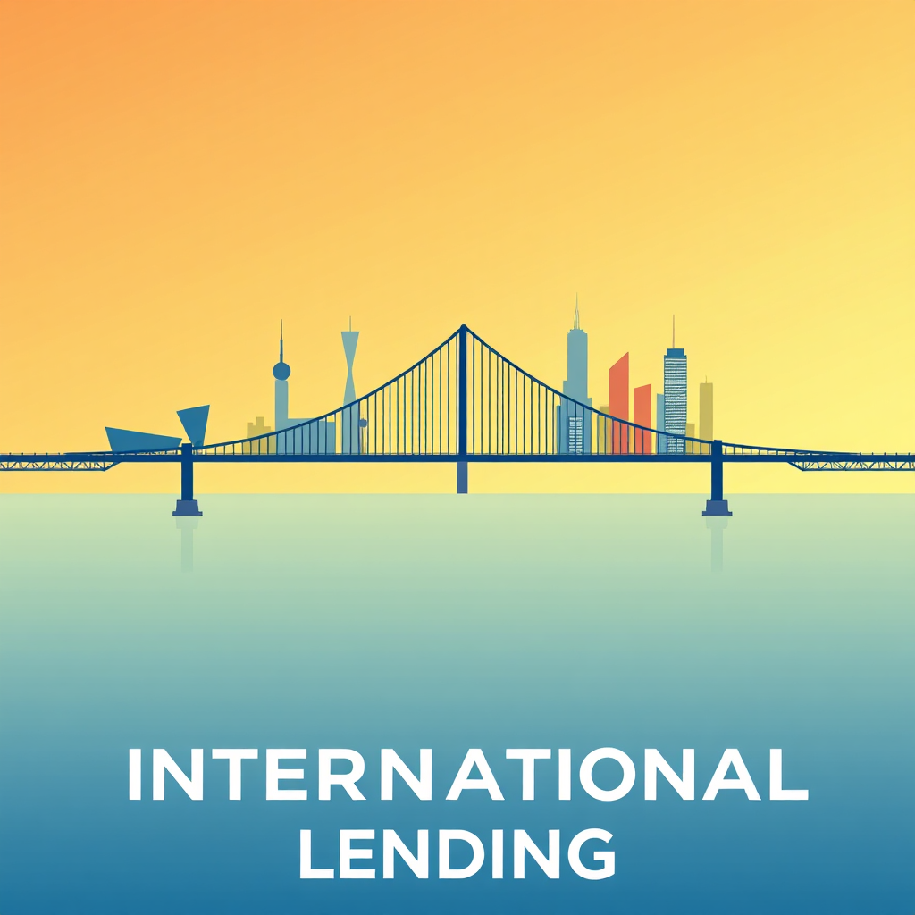 Create a stylized image of a bridge connecting two different skylines, representing different countries. Currency symbols should be subtly integrated into the bridge's design. The sky should be a gradient of warm colors, suggesting opportunity and growth. The camera angle should be a wide shot, capturing the scale and scope of international lending. The overall style should be clean and modern, conveying trust and reliability.
