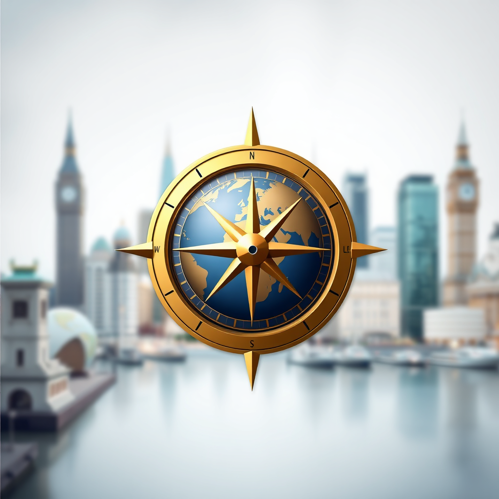 Create a stylized image of a compass pointing towards a globe, symbolizing global wealth management. The compass should be made of gold, representing wealth and prosperity. The background should be a blurred image of international landmarks, emphasizing the global reach of wealth management. The overall style should be clean and sophisticated, conveying trust and expertise.