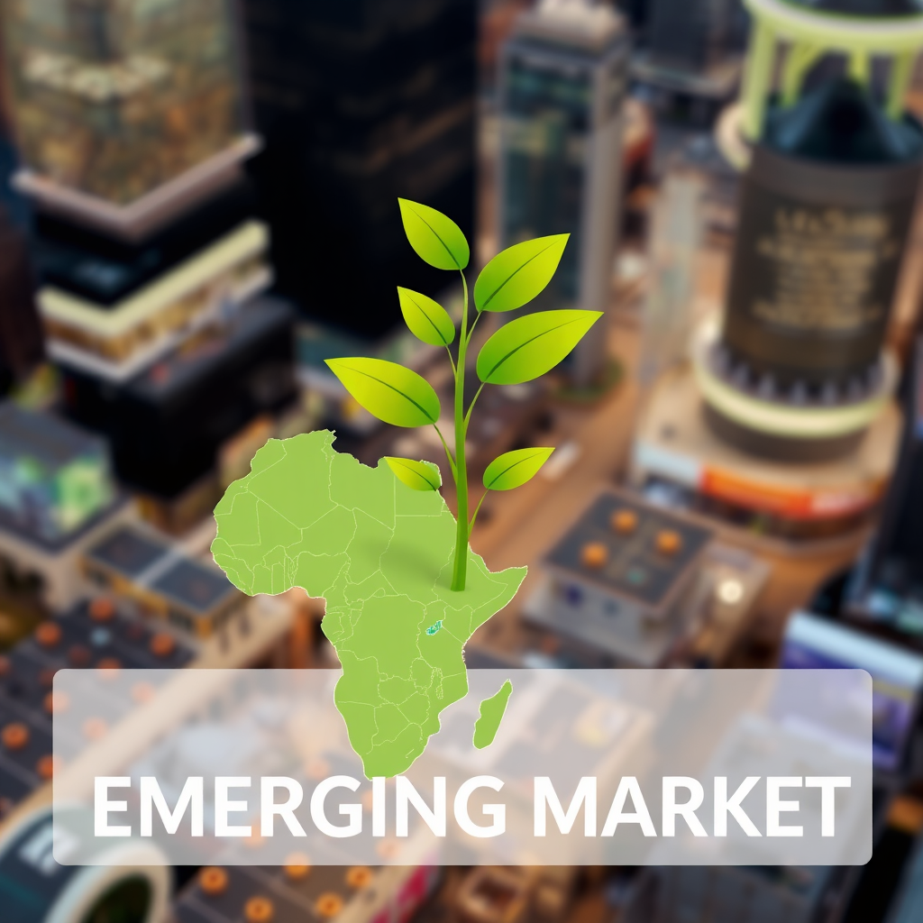 Create a stylized image of a plant growing out of a map of an emerging market country, symbolizing investment opportunities. The plant should be vibrant and healthy, representing growth and potential. The background should be a blurred image of a bustling city, emphasizing the economic activity in the emerging market. The overall style should be optimistic and forward-looking, conveying the excitement of investing in emerging markets.