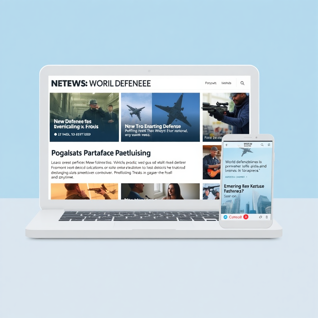 Design a digital image depicting a newsfeed with headlines related to world defense, new products, and emerging threats. The composition should be clean and modern, using a color scheme to ensure readability. Integrate a laptop or phone to show that the briefings can be viewed anywhere, anytime.