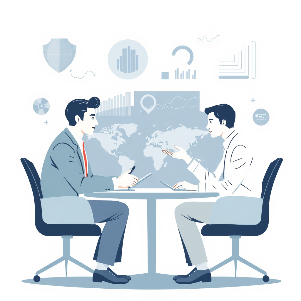 Design a stylized image of a consultant meeting with a client. The composition should create a feeling of trust and protection. Use a mix of data visualizations and maps to symbolize the strategy being discussed.