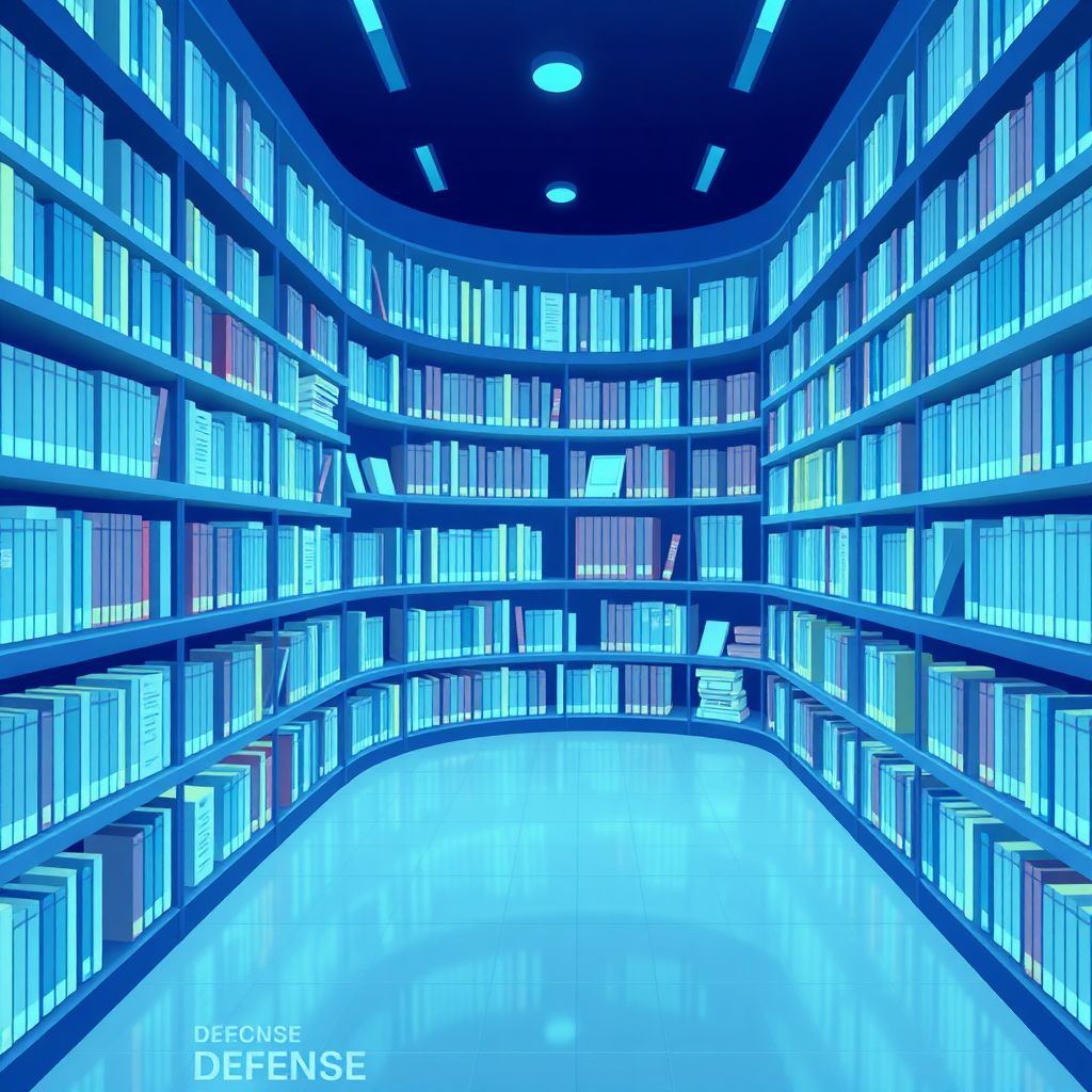 Design a stylized image of a digital library, with glowing shelves filled with virtual books and documents related to defense and security. The color palette should be dominated by blues and greens, symbolizing knowledge and stability. A user interface should be visible, allowing users to search and access the resources easily. The lighting should be soft and inviting, creating a sense of discovery and learning.