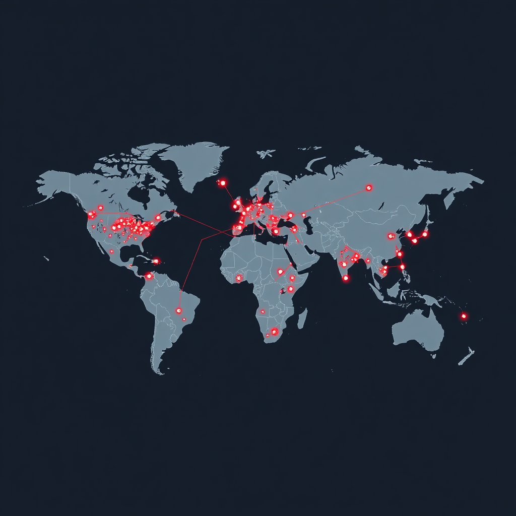 Design a stylized image of a world map with interconnected points representing global security threats. Overlay these points with strategic lines and defense protocols. Use data visualizations to represent the interconnectivity of these security challenges. Focus on creating a sense of strategic complexity and interdependency.