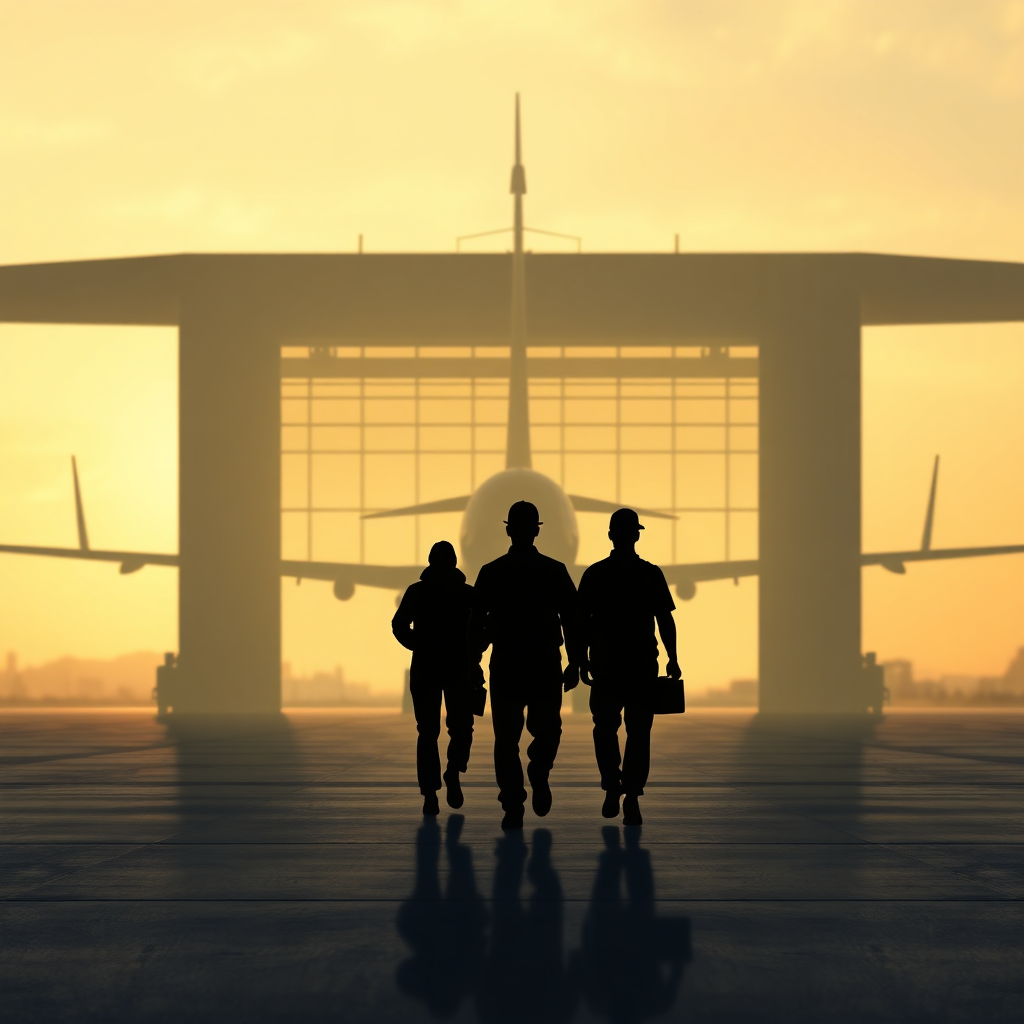 Show silhouettes of aviation workers walking toward a modern hangar, suggesting career paths and professionalism. Use muted colors. Technical Specs: 4K resolution.