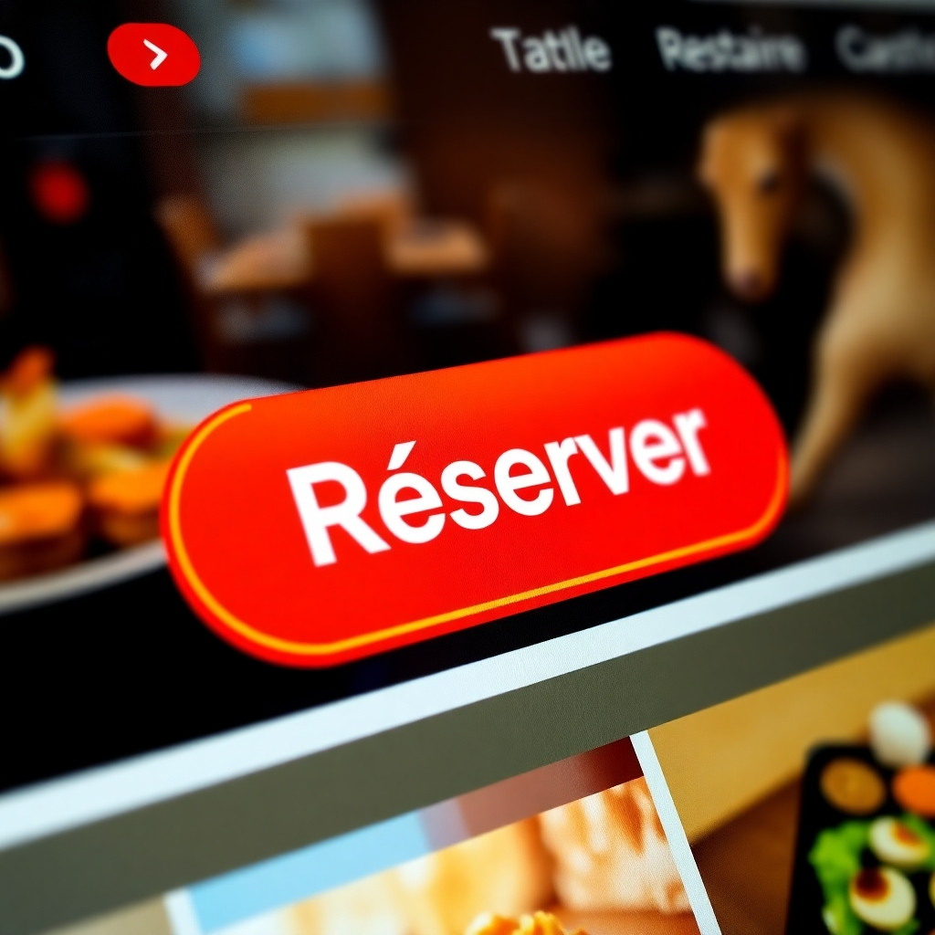 A close-up, photorealistic image of a vibrant, eye-catching "Réserver" button on a restaurant website. The button should have a compelling design, perhaps with a subtle texture or gradient, and be clearly visible against the background.  The image should evoke a sense of urgency and excitement, encouraging viewers to click the button. The website design should be visible in the background, showcasing a modern and stylish design.