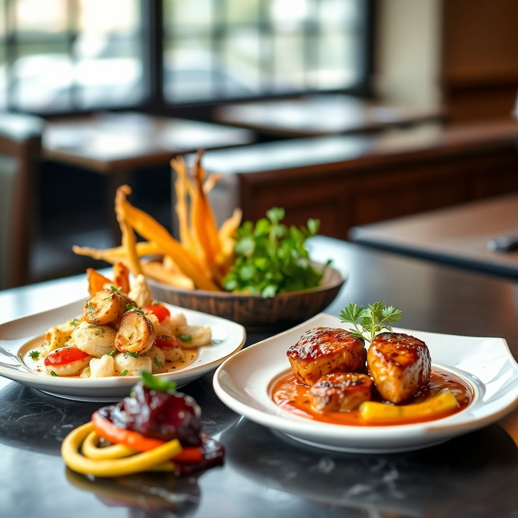 A high-resolution, photorealistic image of three different gourmet dishes from a French restaurant. The dishes should be beautifully plated and visually appealing, showcasing fresh, high-quality ingredients and creative presentation. One dish could be a seafood dish, one a meat dish, and another a vegetarian option. The background should be subtly blurred, with a focus on the textures, colors, and details of the food.  The image should evoke a feeling of luxury and culinary excellence