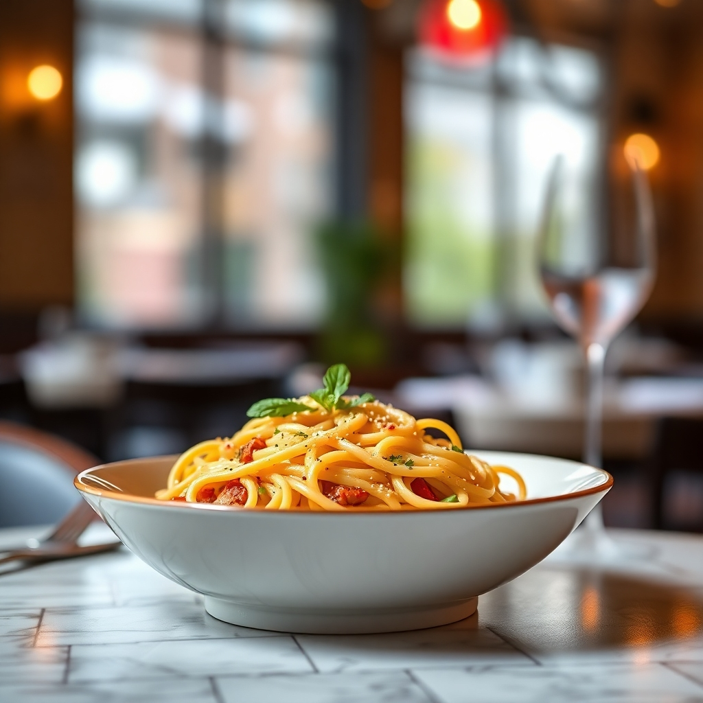 A photorealistic close-up of a delicious-looking dish from 'Le Délice du Soleil', professionally photographed with vibrant colors and sharp detail. The image should be optimized for web use with a clear, descriptive file name like 'delicious-soleil-pasta.jpg'. The background is a softly blurred representation of a restaurant setting.