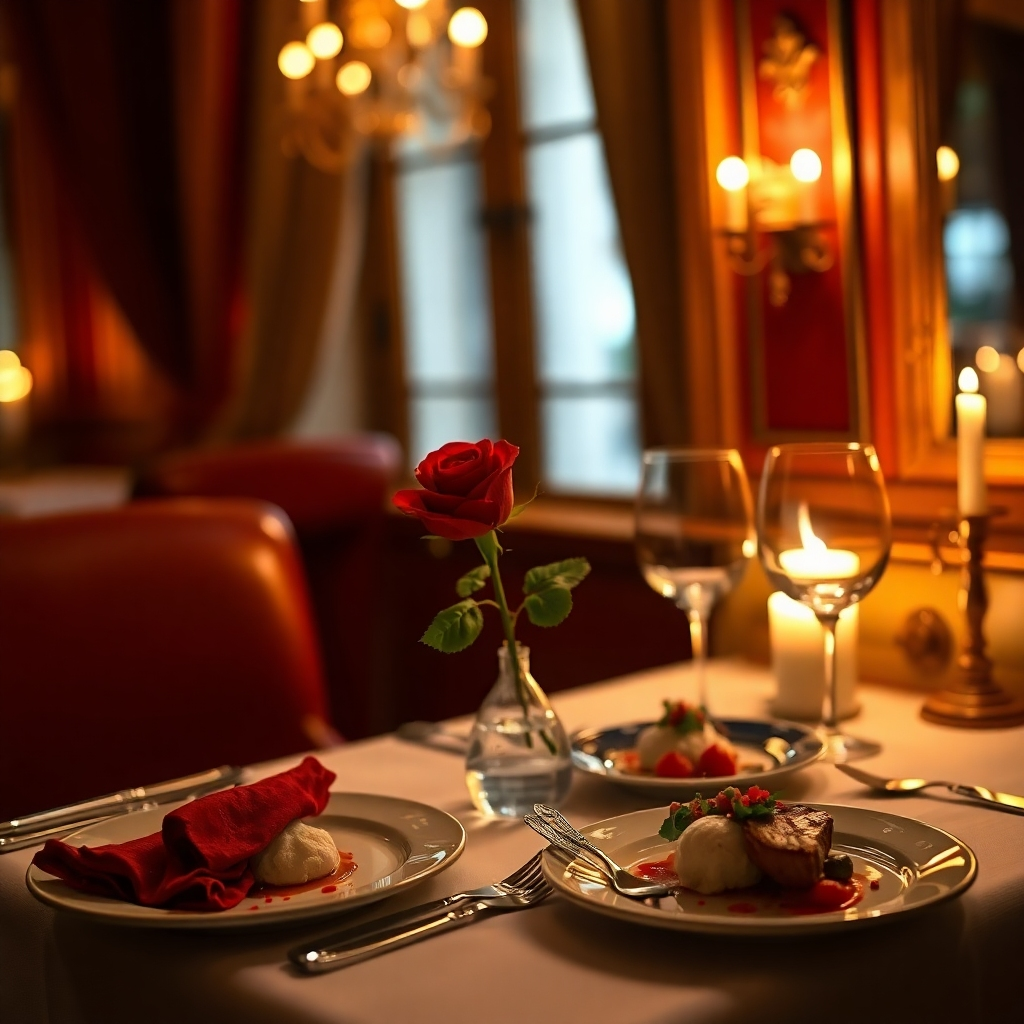 A photorealistic image, 8K resolution, hyperrealistic, ultra-detailed, of an intimate romantic dinner for two at Le Délice du Soleil restaurant.  The setting is a cozy, candlelit corner table for two, adorned with a crisp white tablecloth, elegant silverware, and fine crystal glassware. Soft diffused lighting creates a warm, inviting atmosphere. The color palette is rich and warm, with deep reds, soft yellows, and creamy whites. A single red rose is placed in a delicate vase as a centerpiece. The camera angle is slightly elevated, capturing the table from a perspective that emphasizes intimacy and elegance. Textures should be highly detailed, showing the smoothness of the tablecloth, the gleam of the silverware, and the sparkle of the glassware.  The background is softly blurred, showcasing the warm, inviting ambiance of the restaurant. The style should evoke the feeling of classic romanticism, perhaps inspired by the photography of Annie Leibovitz or Steven Meisel.  The food, partially consumed, should hint at French fine dining; plates should feature delicate arrangements of exquisite food.