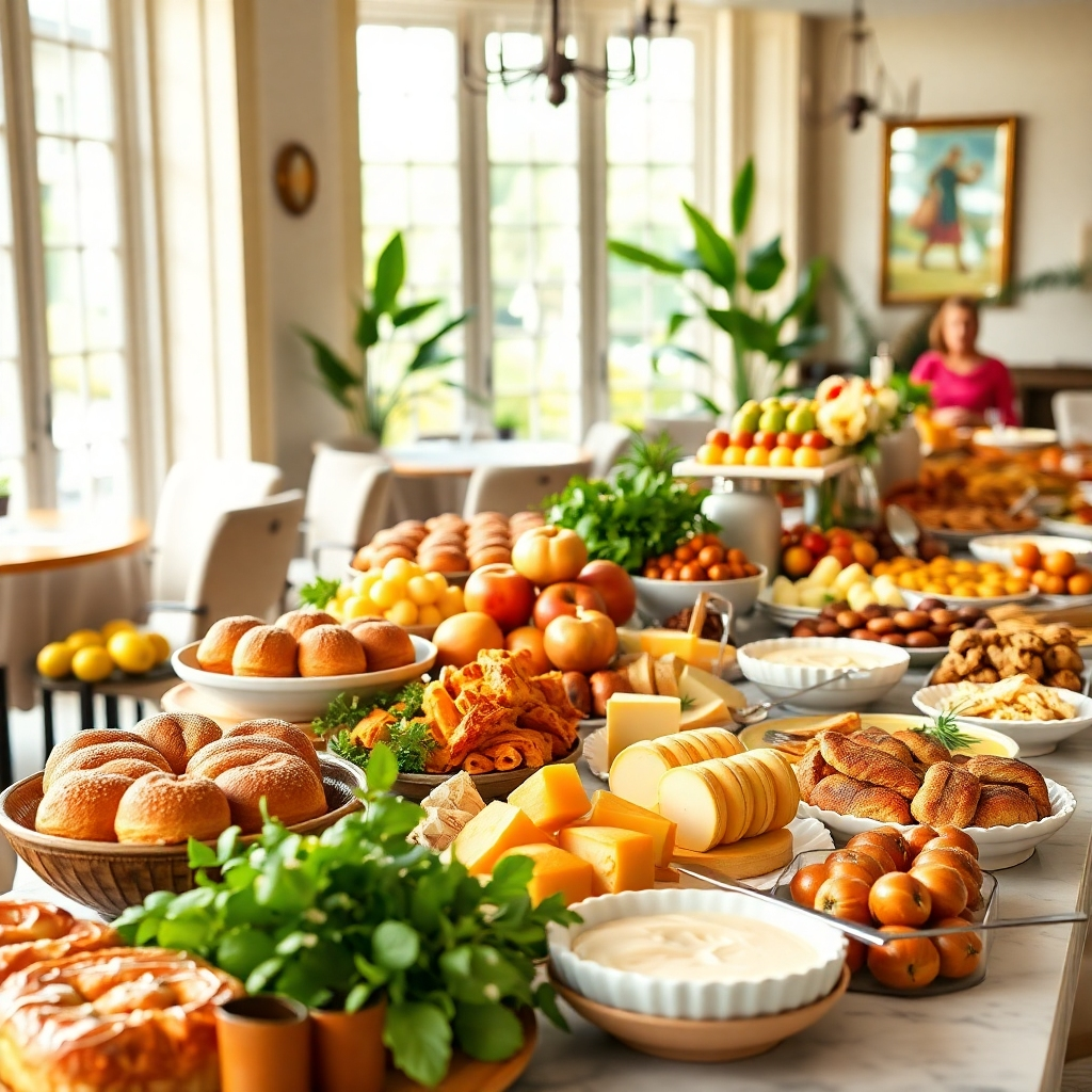 A photorealistic image, 8K resolution, hyperrealistic, ultra-detailed, of a luxurious Sunday brunch buffet at Le Délice du Soleil. The setting is a bright, airy dining room with large windows letting in soft natural light. The color palette is vibrant and inviting, featuring fresh greens, bright yellows, and warm oranges.  The buffet is laden with a variety of pastries, fruits, cheeses, charcuterie, and hot dishes.  The composition should showcase the abundance and variety of the brunch offerings, with a focus on texture and detail.  The camera angle is slightly elevated, offering a wide shot of the entire buffet setup.  Materials and textures should be highly detailed – the crusty texture of bread, the glistening glaze on pastries, the velvety texture of cheeses. The background should include elements suggesting a relaxed and comfortable atmosphere, such as plants and floral arrangements. The style should evoke a feeling of casual elegance and abundance, possibly inspired by the food photography of Michael Graydon or Nigel Slater.   Focus should be on freshness, color, and appetizing presentation.