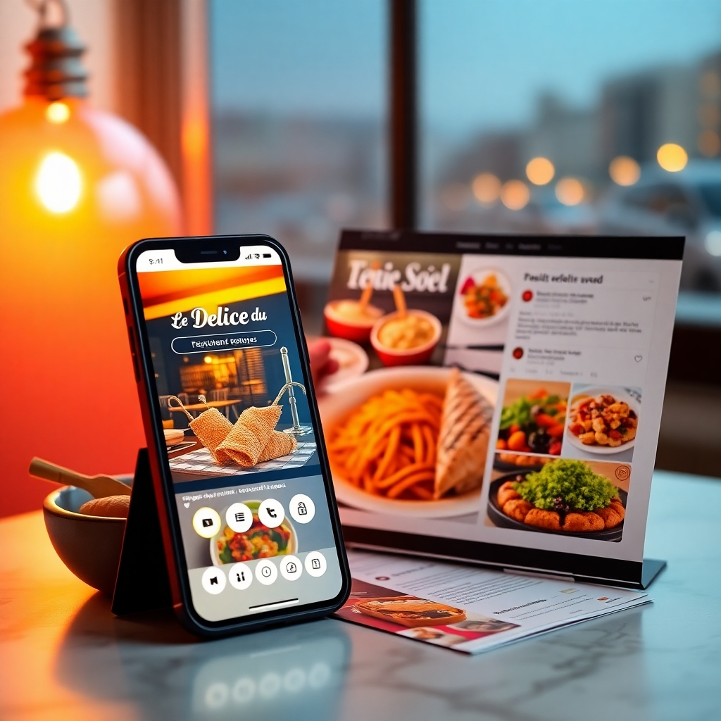 A photorealistic image, 8K resolution, showcasing various elements of a targeted advertising campaign for "Le Délice du Soleil".  The image includes a smartphone displaying a visually appealing restaurant ad, a printed menu with high-quality food photography, and a social media feed showcasing positive customer reviews and engaging content. Soft and warm lighting creates a positive mood. The color palette is consistent with the brand, highlighting appetizing food colors. The perspective is from a slightly elevated angle showing all these elements arranged artfully.  Textures of the smartphone screen, the paper menu, and the various other elements are clearly visible and detailed. The style is inspired by clean and modern advertising campaigns of luxury brands.  The background subtly features cityscapes and other environmental details that enhance the campaign's context.