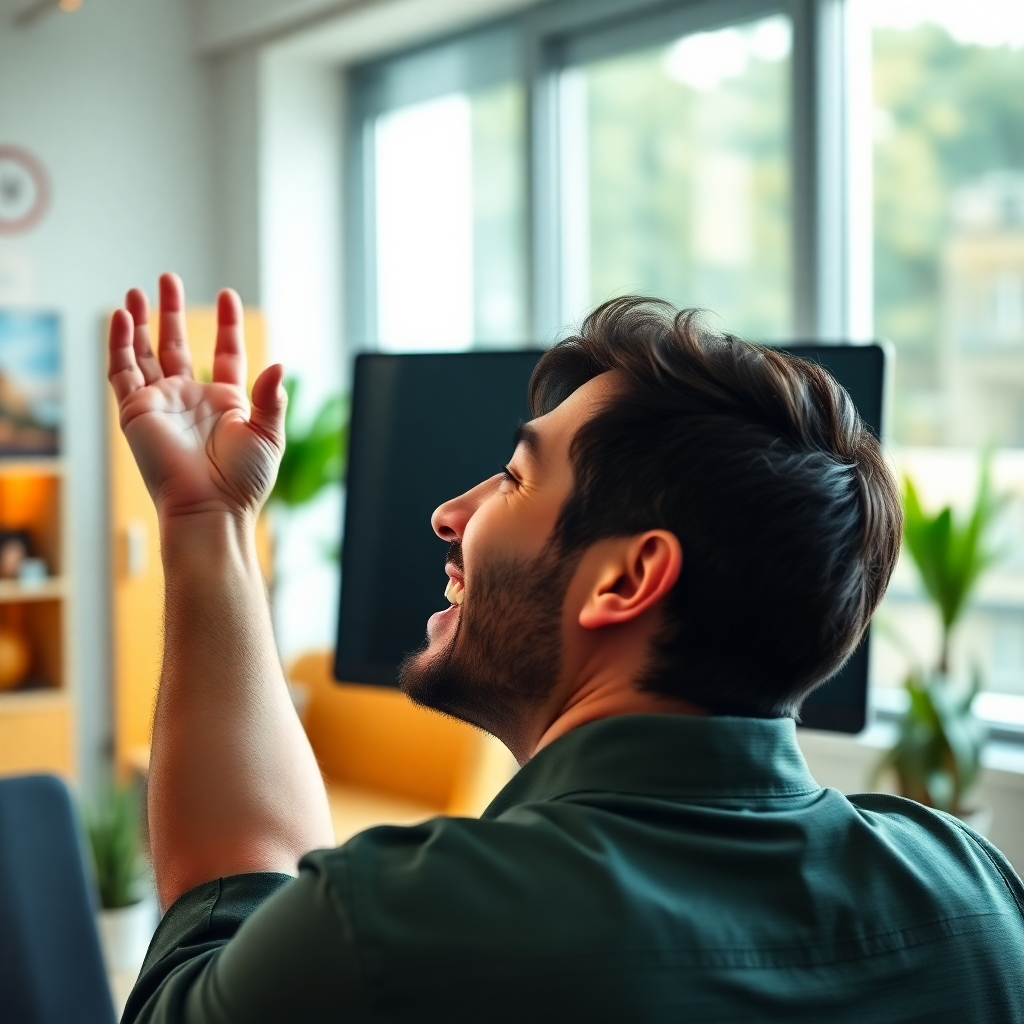 A photorealistic image, 8K resolution, ultra-detailed, of a person smiling triumphantly while looking at a computer screen displaying high search engine rankings for "Le Délice du Soleil". The scene is set in a modern, bright office with soft, natural lighting. The color palette consists of vibrant greens, blues, and yellows associated with success and growth. The perspective is over the shoulder of the person, focusing on the computer screen and their reaction.  The image should convey a feeling of achievement and success.  Textures should be clearly visible, showcasing the smooth texture of the computer screen, the fabric of the clothes of the person, and the details of the surrounding office environment. The style resembles successful business photography by Peter Lindbergh. The computer screen clearly shows the restaurant's name ranking high on Google and other search engines.