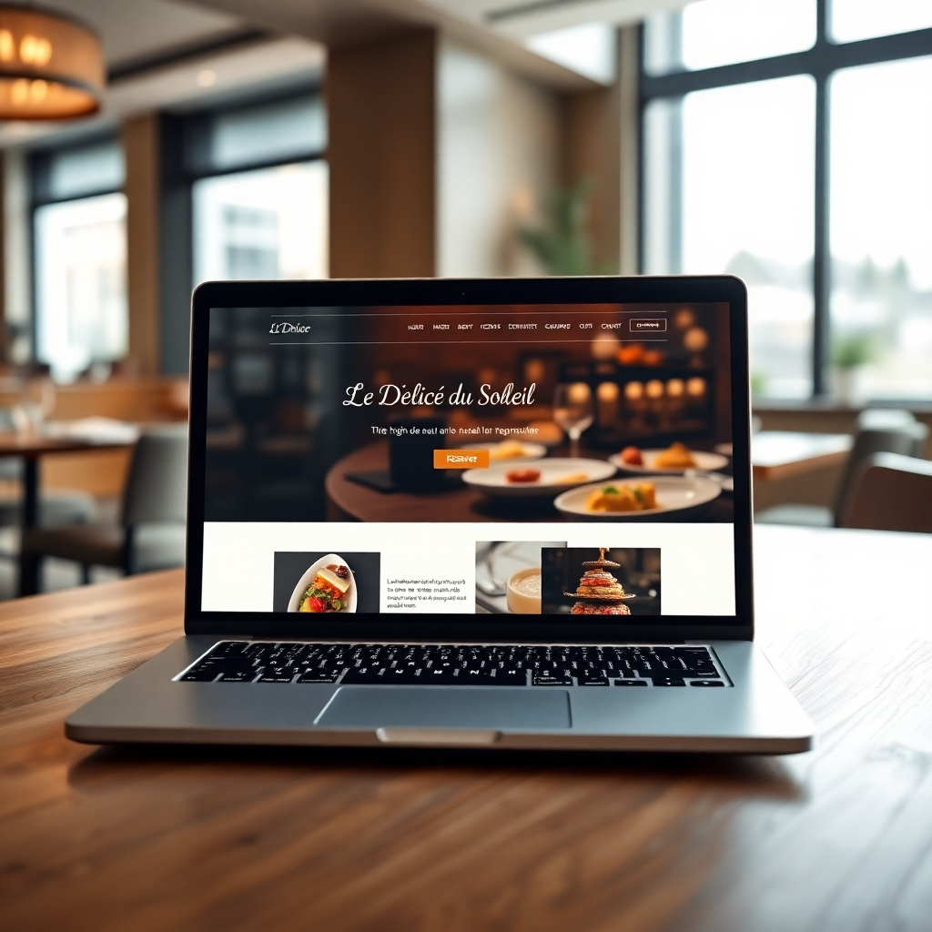 A photorealistic image, 8K resolution, hyperrealistic detail, of a modern and responsive website displayed on a high-end laptop.  The website showcases "Le Délice du Soleil" restaurant, featuring high-quality photos of food, elegant design, and clear calls-to-action like "Réserver". The laptop is positioned on a sleek wooden table in a brightly lit, modern restaurant setting. Soft diffused lighting creates a warm and inviting atmosphere. Color palette should be sophisticated and elegant, with muted golds, deep blues, and creamy whites.  The perspective is slightly elevated, looking down onto the laptop screen. Textures are highly detailed, showing the smooth glass of the laptop screen, the fine grain of the wood table, and the subtle textures of the restaurant's environment in the background. The style should be reminiscent of high-end lifestyle photography, similar to the work of Annie Leibovitz.  The background includes blurry but visible details suggesting a luxurious restaurant ambience.
