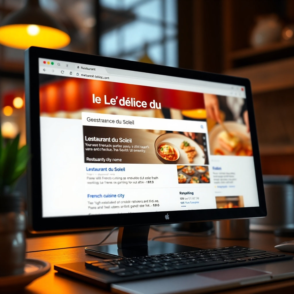 A photorealistic image depicting a computer screen showing the "Le Délice du Soleil" restaurant website ranking high on a Google search results page.  Keywords like "restaurant [city name]", "French cuisine [city name]", and the restaurant's name should be clearly visible.  The image should also emphasize high search volume and positive user reviews.