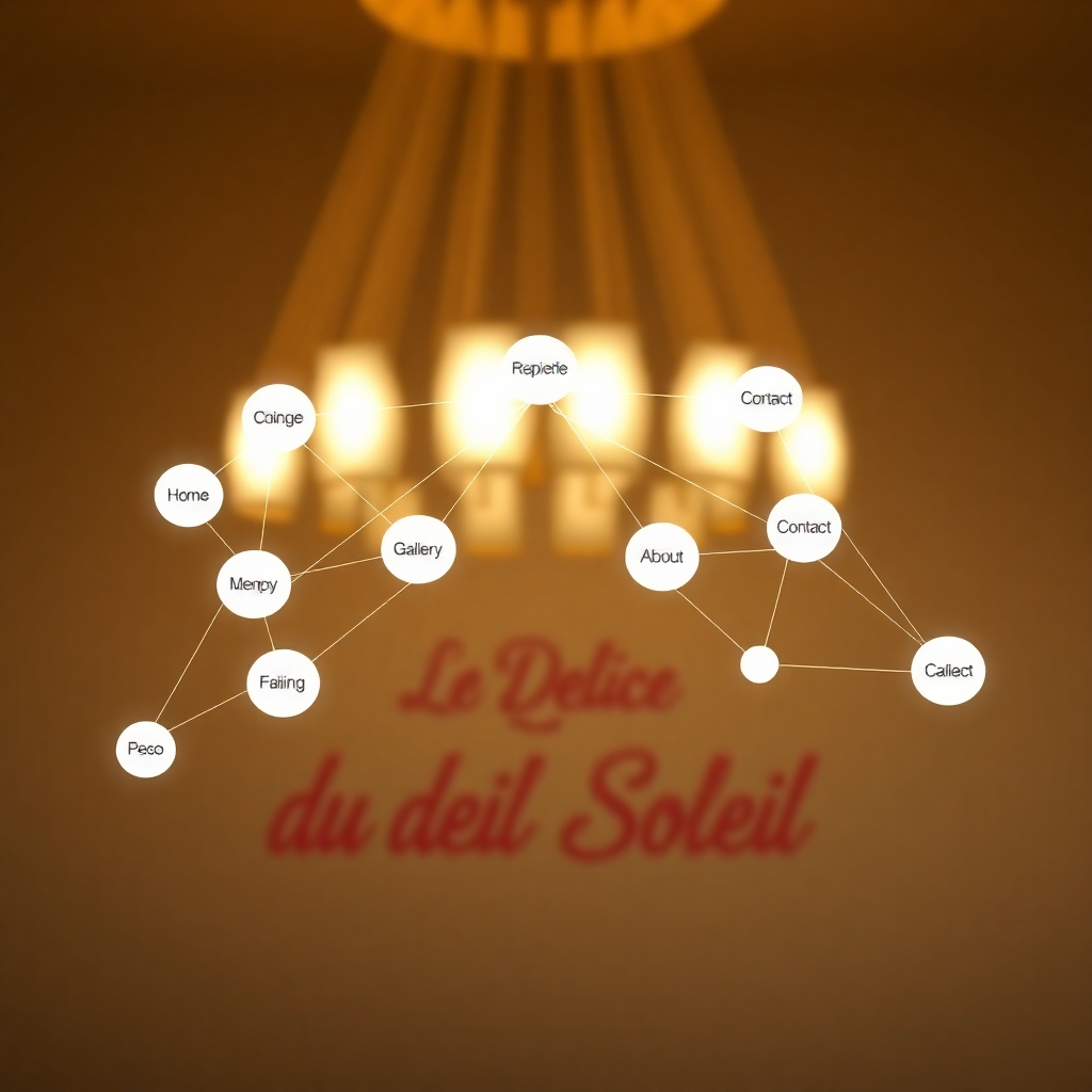 A photorealistic image depicting a website's internal linking structure represented as a network graph. Nodes are pages like 'Home', 'Menu', 'About', 'Gallery', 'Contact'. Arcs represent links between pages, clearly showing internal and external connections (e.g., TripAdvisor).  The background should subtly feature the 'Le Délice du Soleil' logo.