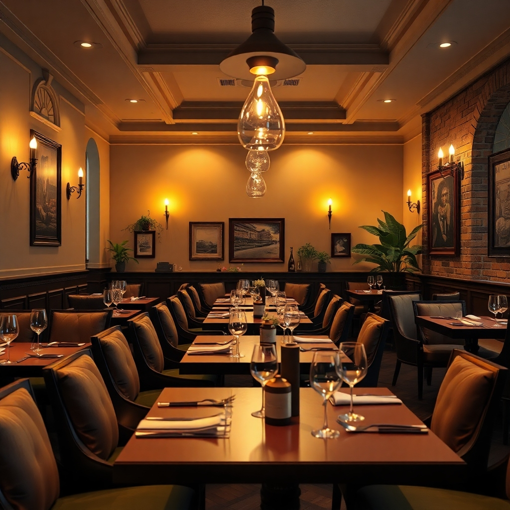 A photorealistic image depicting a warm and inviting restaurant interior.  The scene should be elegantly decorated, with soft lighting, comfortable seating, and possibly some subtle background details suggestive of a French-inspired aesthetic (e.g., exposed brick, artwork). The image should convey a feeling of comfort, sophistication, and effortless charm. Focus on capturing the ambiance and creating a mood of relaxed luxury.