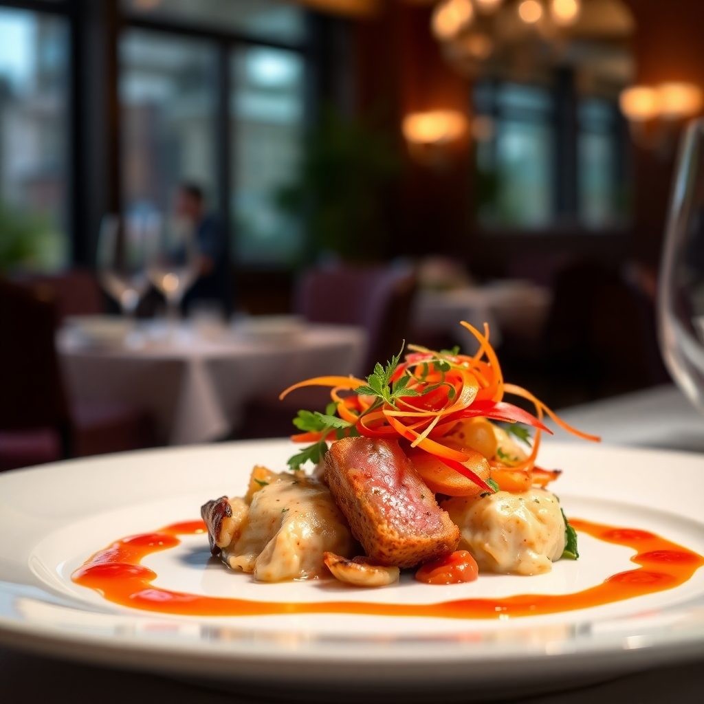 A photorealistic image of a beautifully plated dish, showcasing refined French cuisine with vibrant colors and fresh, seasonal ingredients. The setting should be elegant, with soft lighting and perhaps a blurred background of a luxurious restaurant interior.  Focus on the detail and texture of the food; perhaps a close-up shot of a main course with a garnish. The style should be similar to high-end food photography in magazines like Gourmet or Bon Appetit.