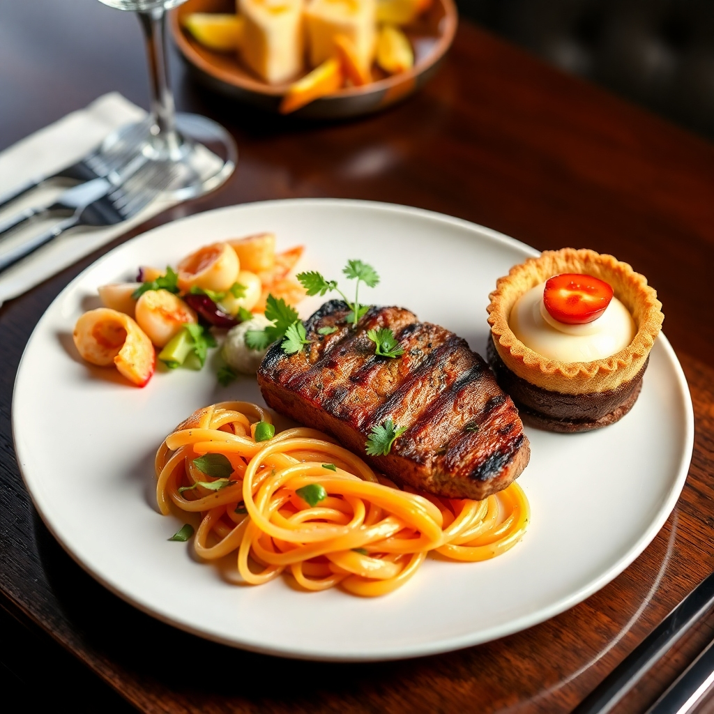 A photorealistic image of a beautifully arranged three-course meal.  The first plate should be a delicate appetizer, perhaps seafood or a colorful salad. The main course should be a sophisticated dish, like a perfectly seared steak or a rich pasta dish.  The dessert should be an elegant pastry or a fruit tart. Each dish should be styled with attention to detail, highlighting its texture and color. Use high-key lighting to showcase the food's vibrancy.