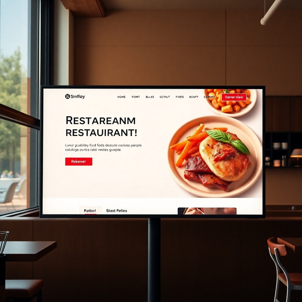 A photorealistic image of a clean, modern restaurant website design on a large screen, showcasing high-quality food photography, easy navigation, and a prominent 'Réserver' button. The overall style should be minimalist and elegant, with a focus on usability and visual appeal.  The background should subtly feature a warm, inviting color palette, evoking the feeling of a sunny restaurant.