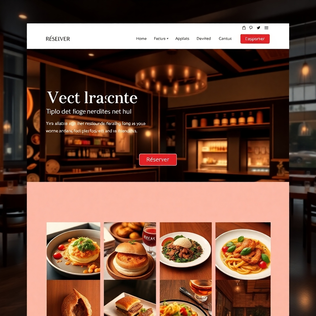 A photorealistic image of a clean and modern website design for a restaurant, showcasing high-quality photos of food and the restaurant's ambiance.  The website should have clear navigation, a prominent 'Réserver' CTA button, and a responsive layout suitable for all devices.  The overall style should be elegant and inviting, using warm, inviting color palettes.