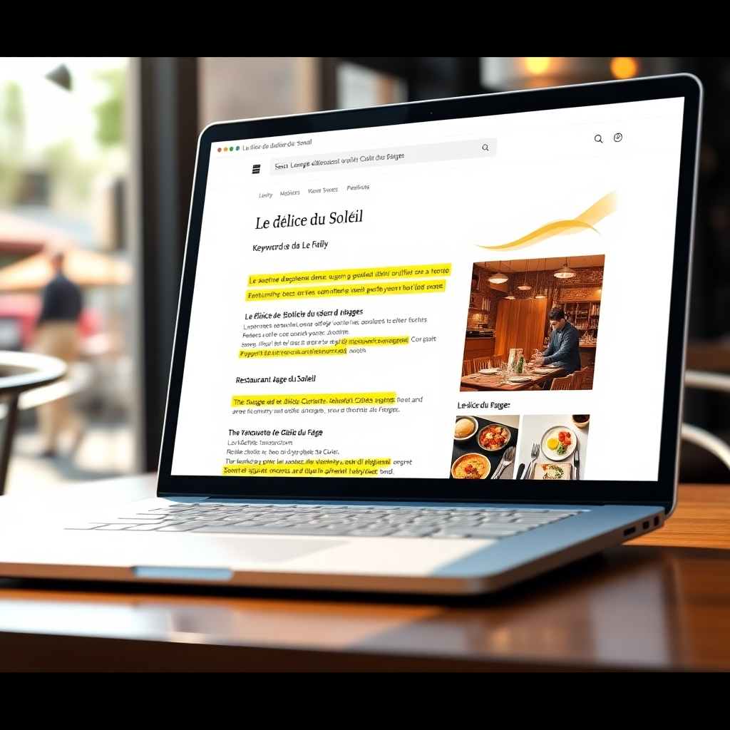 A photorealistic image of a laptop displaying a website with keywords highlighted in yellow, showing search engine results pages (SERPs) with high ranking for the restaurant 'Le Délice du Soleil', showcasing a modern, clean design, featuring high-quality images of food and the restaurant's ambiance.  The background should subtly include elements like a bustling city street or a sun-drenched patio.
