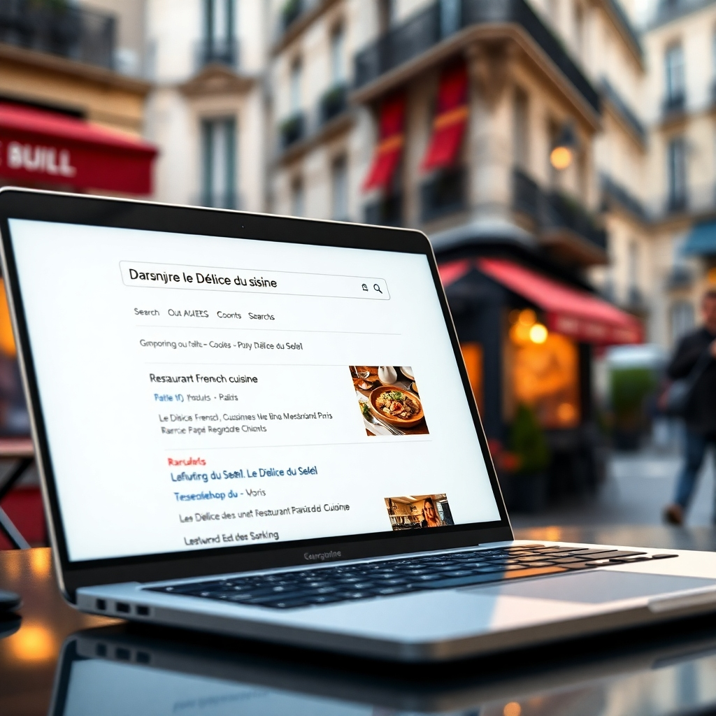 A photorealistic image of a laptop displaying Google search results showing "Le Délice du Soleil" ranking highly for relevant keywords like "restaurant French cuisine Paris" or similar. The background should show a bustling Parisian street with a subtle glimpse of the restaurant's exterior.  The image should emphasize the positive search results and high ranking.