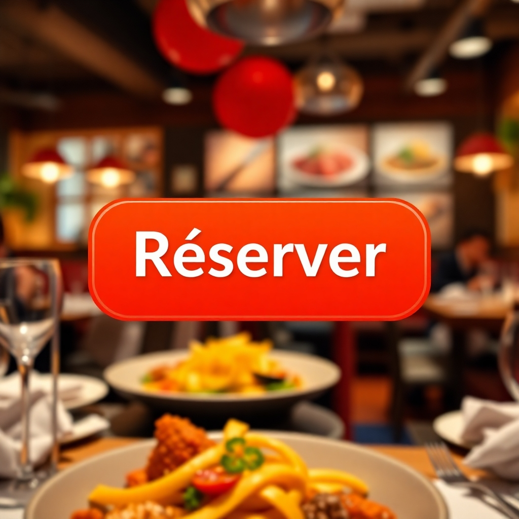 A photorealistic image of a restaurant website featuring a large, eye-catching 'Réserver' button. The button should be designed with a visually appealing color and style that stands out from the rest of the webpage.  The background should showcase the restaurant’s ambiance, perhaps featuring delicious food or happy customers. The image needs to convey a sense of urgency and encourage immediate action.
