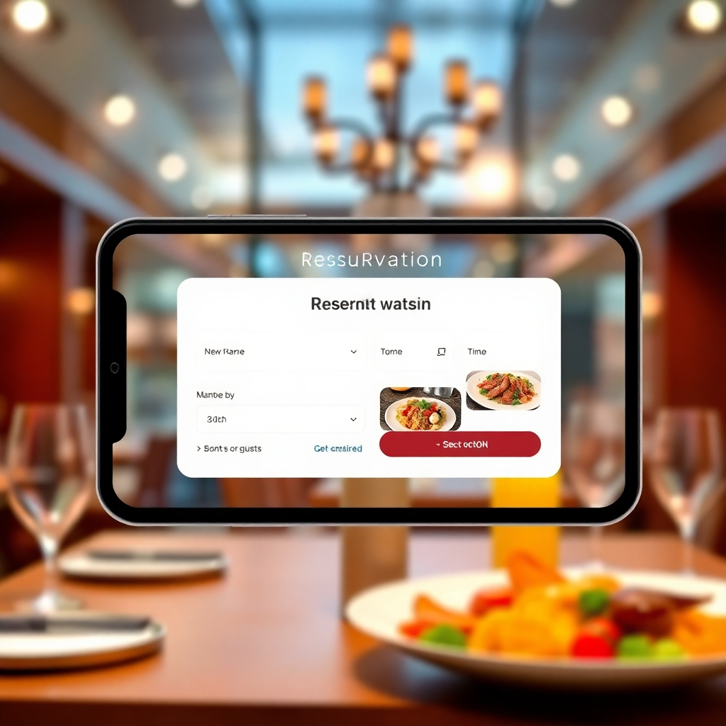 A photorealistic image of a restaurant reservation website or app interface.  The screen should clearly display options for selecting a date, time, and number of guests. The restaurant's logo and a few high-quality food photos should be visible. The background should be a blurred image of the restaurant's interior, suggesting a warm and inviting atmosphere. The overall design should be clean, modern, and user-friendly.