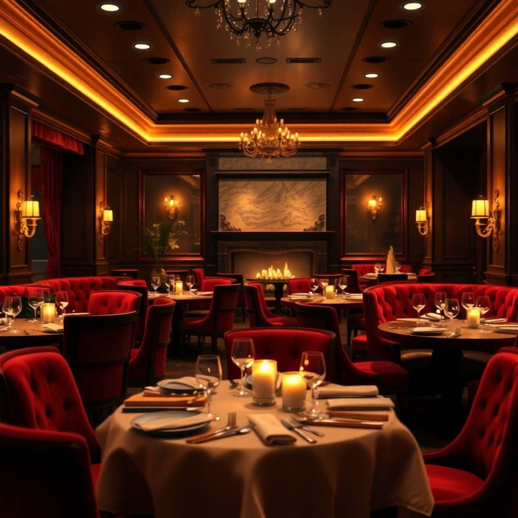 A photorealistic image of a restaurant interior at night. The restaurant is elegantly decorated with warm lighting, plush seating in deep reds and golds, and fine tableware on each table.  Focus on creating a cozy, romantic atmosphere. Include subtle details like candles on tables and a fireplace in the background. The image should have a shallow depth of field, focusing on a few tables in the foreground.