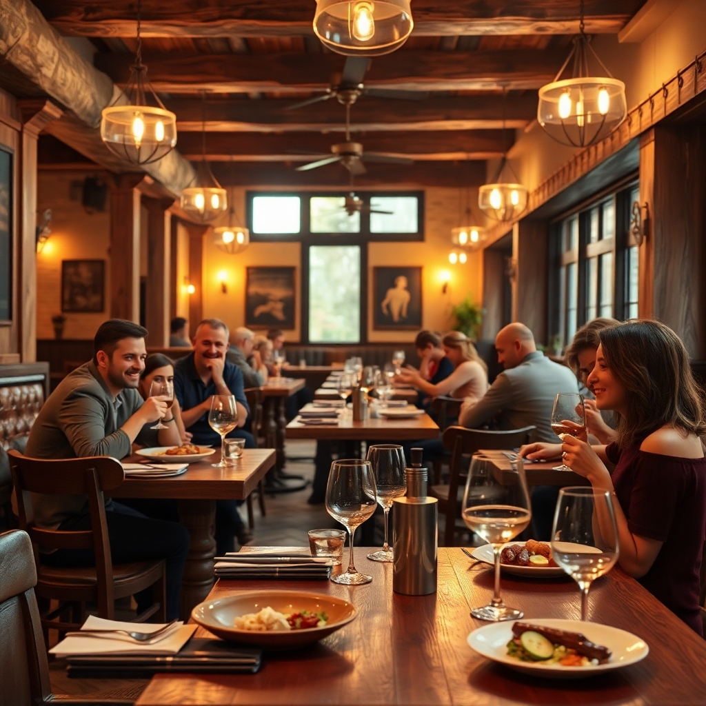 A photorealistic image of a warmly lit restaurant interior, featuring rustic wooden tables, comfortable chairs, soft lighting, and happy people dining. The overall atmosphere should be inviting and convivial, suggesting a feeling of warmth and togetherness.  Focus on the details:  wine glasses, plates of food, smiling faces. The style should be similar to a high-end lifestyle magazine photo