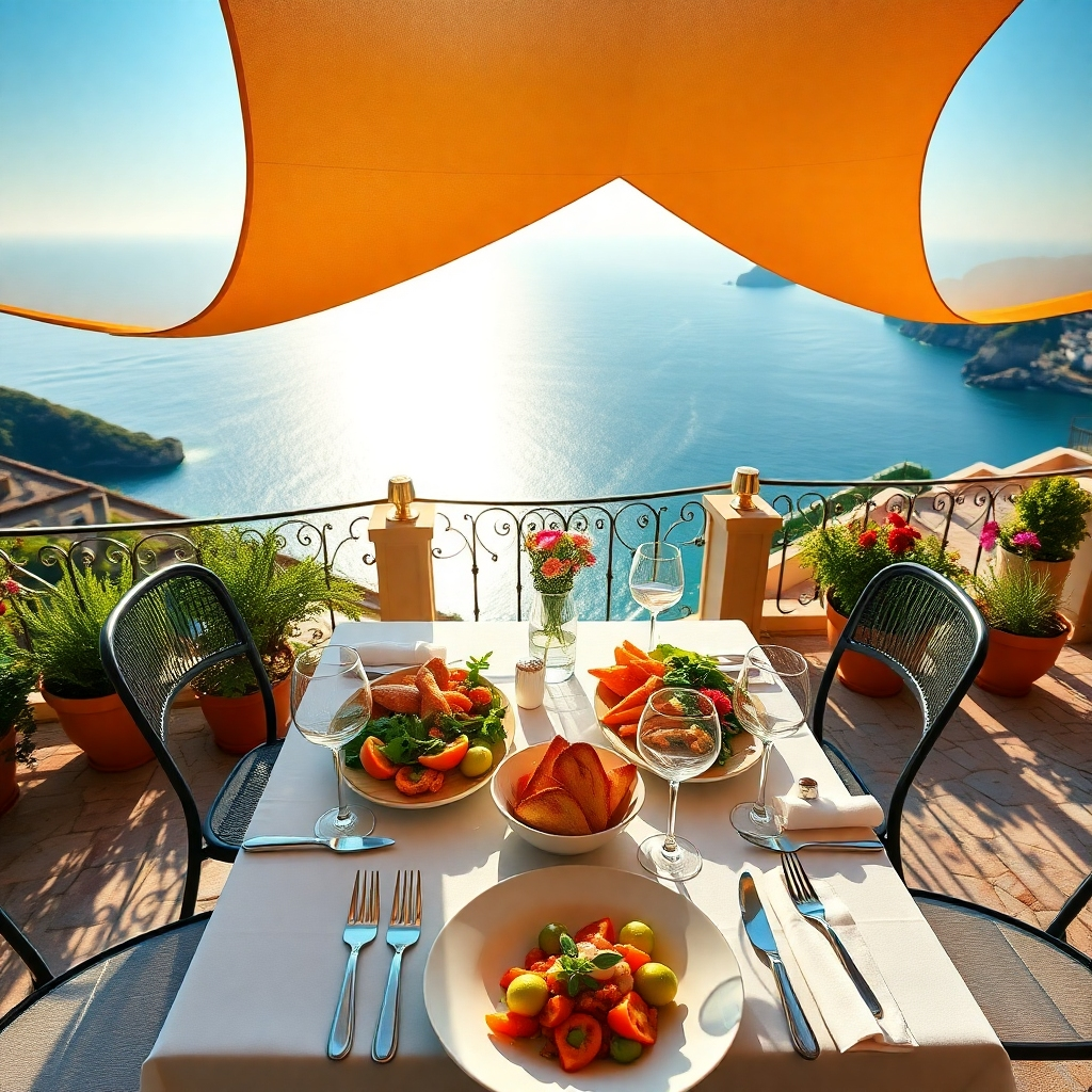Create a photorealistic, ultra-high-resolution (8K) header image for a restaurant called 'Le Délice du Soleil'. The image should evoke a feeling of warmth, vibrancy, and Mediterranean elegance.  The composition should feature a beautifully arranged table set for two on a sun-drenched terrace overlooking a breathtaking view of the Mediterranean Sea. The table should be laden with gourmet dishes, including fresh seafood, vibrant salads, and artisan bread, presented with exquisite attention to detail.  The lighting should be soft and golden, mimicking the warm glow of a late afternoon sun, casting long shadows and highlighting the textures of the food and surroundings. The color palette should be rich and inviting, incorporating deep blues from the sea, sunny yellows, earthy oranges, and vibrant greens from the surrounding vegetation. The camera angle should be slightly elevated, providing a captivating perspective of the table setting and the stunning backdrop.  Textures should be meticulously rendered, from the rough texture of the stone terrace to the smooth surfaces of the tableware and the glistening seafood.  The environment should include lush greenery, perhaps olive trees and flowering plants, and possibly a glimpse of a charming seaside village in the distance.  Props should include elegant glassware, fine china, linen napkins, and fresh flowers in a simple vase. The overall style should be reminiscent of high-end lifestyle photography found in magazines like Condé Nast Traveler or Architectural Digest.  The image should be hyperrealistic, with attention to every minute detail, creating an immersive and aspirational experience for the viewer., ultra high resolution, photorealistic, 8K, hyperdetailed, cinematic lighting