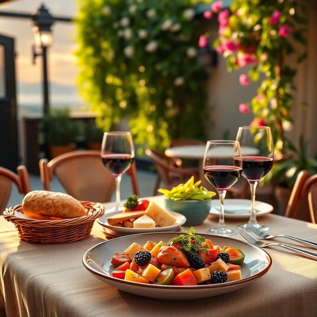 Generate a photorealistic, ultra-high quality 8K resolution image for a French restaurant's header.  The image should depict a sun-drenched outdoor patio scene at Le Délice du Soleil restaurant. The composition should focus on a beautifully set table for two, laden with delicious-looking French cuisine: a rustic bread basket, a platter of cheese, a glass of red wine, and a main course showcasing vibrant colors and textures. The lighting should be warm and inviting, mimicking the golden hour sun, casting soft shadows and highlighting the textures of the food and tableware. The color palette should be rich and earthy, with warm yellows, oranges, and reds, complemented by the deep greens of the surrounding plants and the cool blues and whites of the tableware. The camera angle should be slightly elevated, offering a captivating view of the table setting and the surrounding ambiance. The scene should be detailed, with realistic textures for the linen tablecloth, wooden table, and the rustic materials of the setting.  The background should feature lush greenery, perhaps a flowering vine or climbing plants, subtly framing the table.  Fine details matter:  dew drops on leaves, the reflective quality of the wine glass, and the intricate pattern of the tablecloth. The overall mood should be one of relaxed elegance and culinary delight. The style should evoke the feeling of classic French bistros with a modern touch. Think of photographers like Eric Boman or Steve McCurry, but with a focus on vibrant color saturation and hyperrealistic detail.  The image must convey a sense of warmth, inviting the viewer to experience a memorable dining experience. The image needs to be hyperrealistic, with exceptional depth of field and attention to detail., ultra high resolution, photorealistic, 8K, hyperdetailed, cinematic lighting