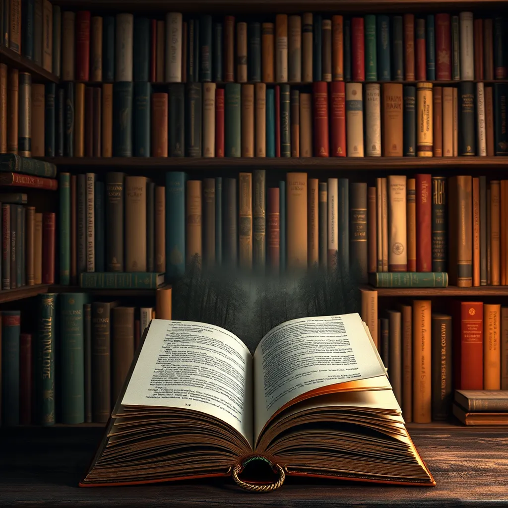 A bookshelf overflowing with books of different genres and colors, with a single, open book in the foreground, revealing an intriguing story and a setting with details like a bustling cityscape or a mysterious forest.