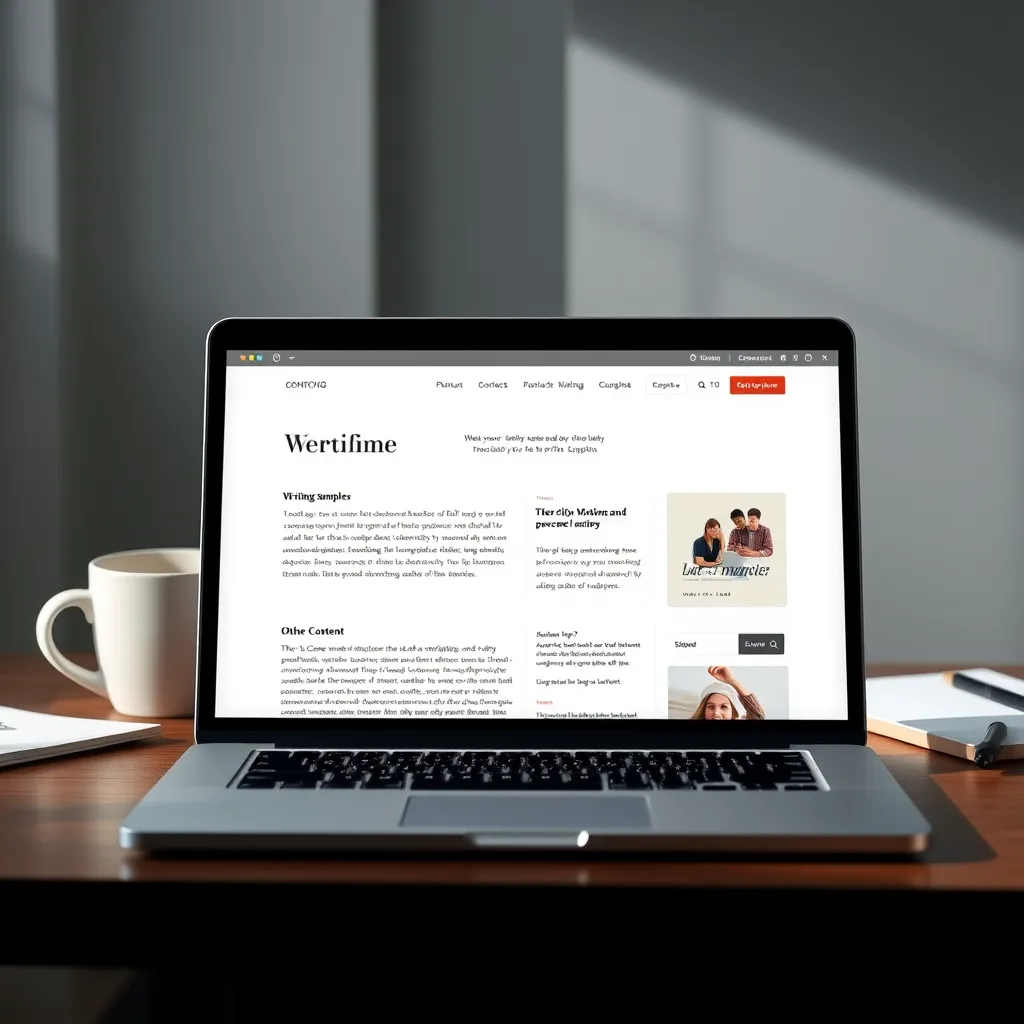 A clean, minimalist website design showing a portfolio of writing samples, including articles, blog posts, and other content, displayed on a laptop screen, with a cup of coffee and a notepad in the background