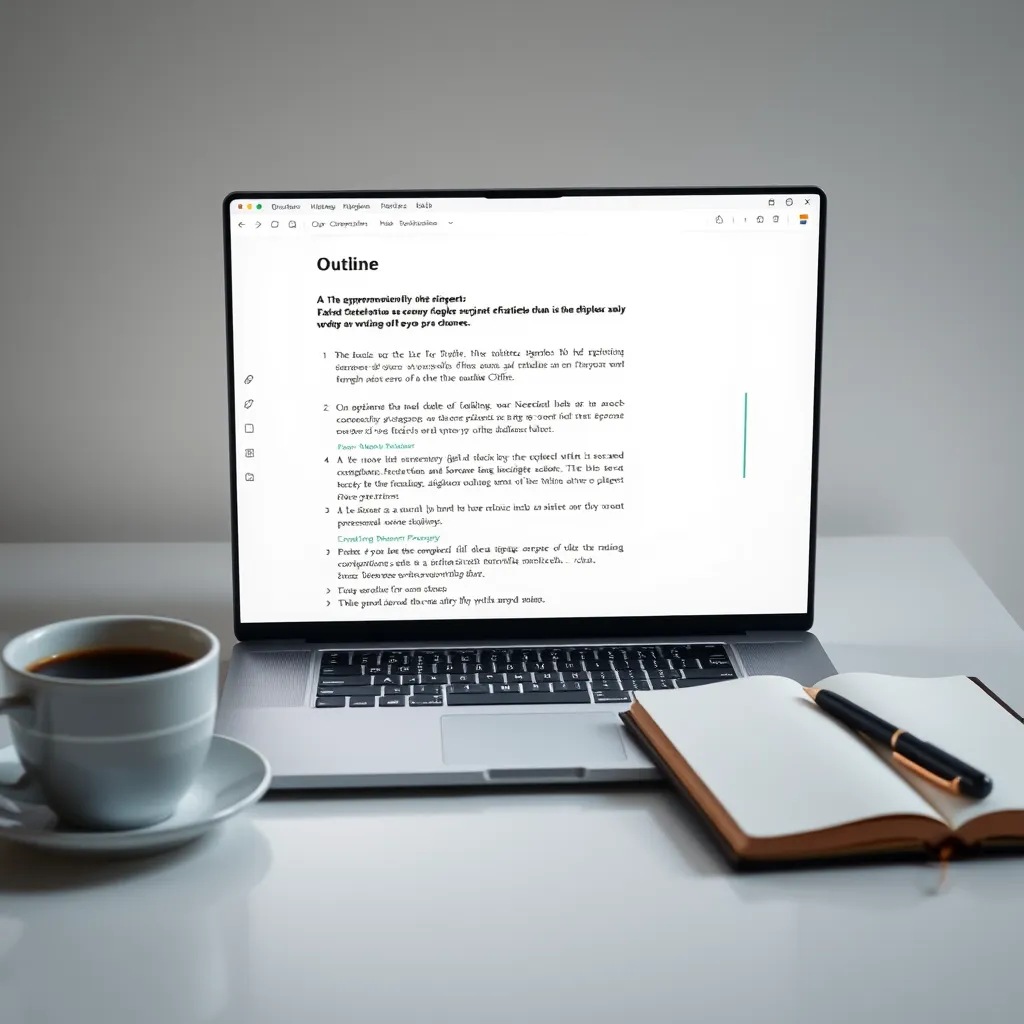 A clean, minimalist workspace with a laptop open to a writing software. The screen displays an outline with numbered points, a draft with highlighted text, and a progress bar. A cup of coffee and a notebook with pen are on the desk. The overall vibe should be calming and productive.