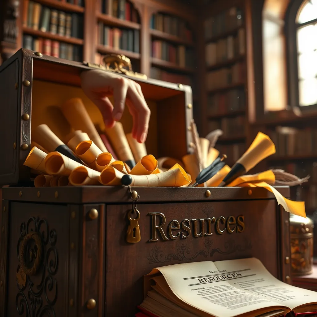 A close-up image of a hand reaching into a chest overflowing with colorful, rolled-up parchment scrolls, writing quills, and inkwells.  The chest is ornately decorated with a golden keyhole and the word 'Resources' etched on its surface.  The background is a warm, inviting library with bookshelves filled with books. The light shines in from a window, illuminating dust particles floating in the air. 
