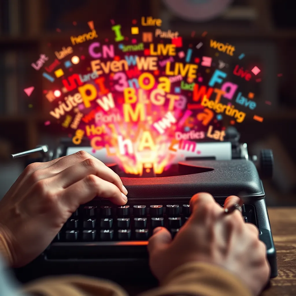 A close-up of a writer's hands on a vintage typewriter, with a bright, colorful explosion of words bursting out from the machine, representing the creative energy and possibilities of writing.