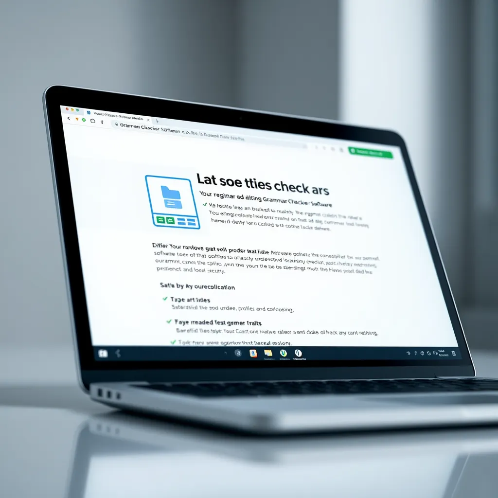 A close-up photo of a laptop screen displaying a product page for a grammar checker software. The page should feature a concise description of the software's features and benefits, with a clear and easy-to-read layout. The background should be a minimalist white or gray, with subtle hints of blue or green to represent technology and productivity.