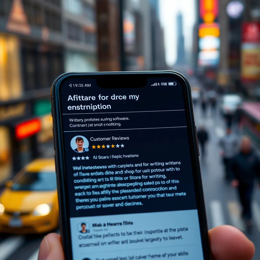A close-up photo of a smartphone screen displaying a product page for a writing software. The page should include a prominent section showcasing customer reviews and testimonials, featuring positive quotes and ratings. The background should be a blurred image of a bustling city street, symbolizing the software's popularity and wide user base.
