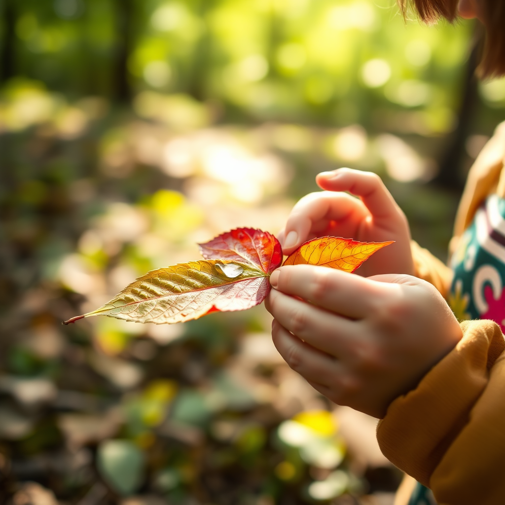 Child examining a leaf during nature study