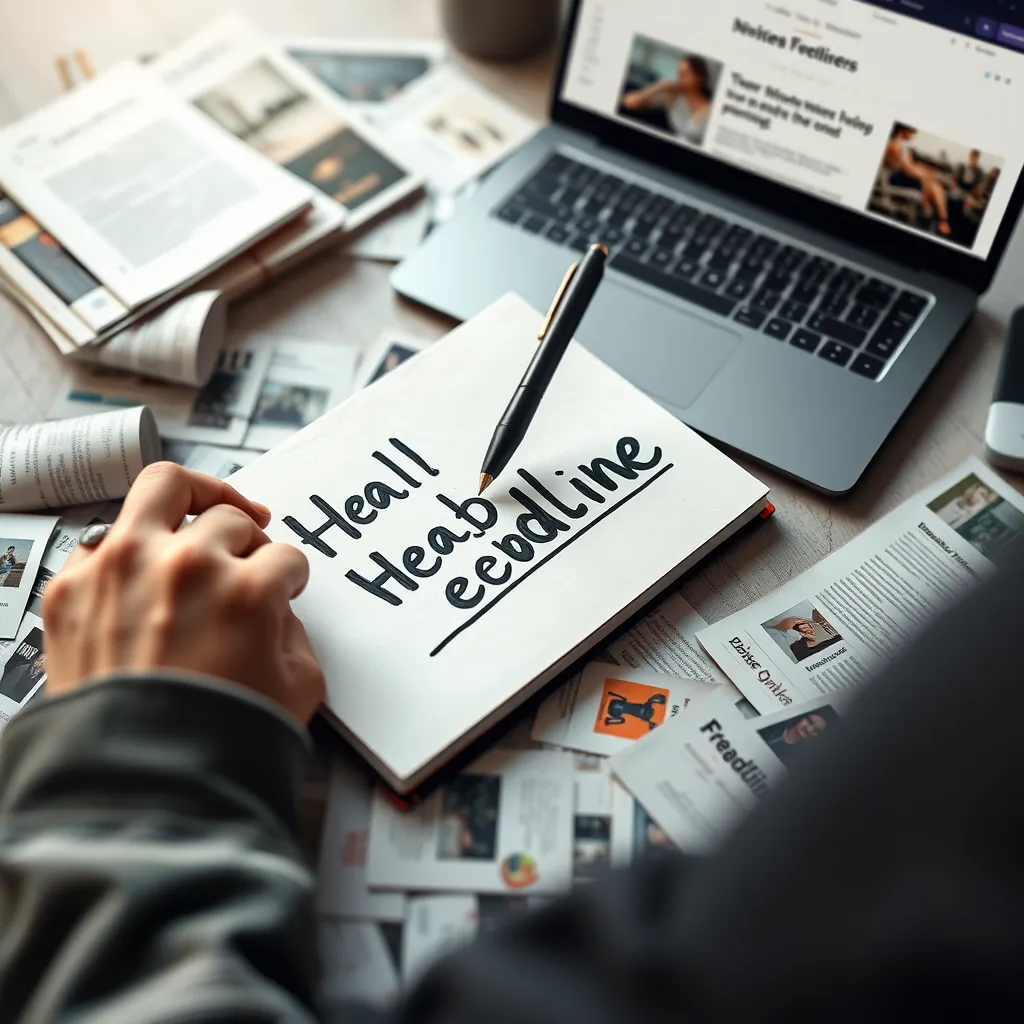 A close-up shot of a person's hand writing a captivating headline on a notepad with a pen, surrounded by scattered magazine clippings and a laptop displaying a website with a blog post