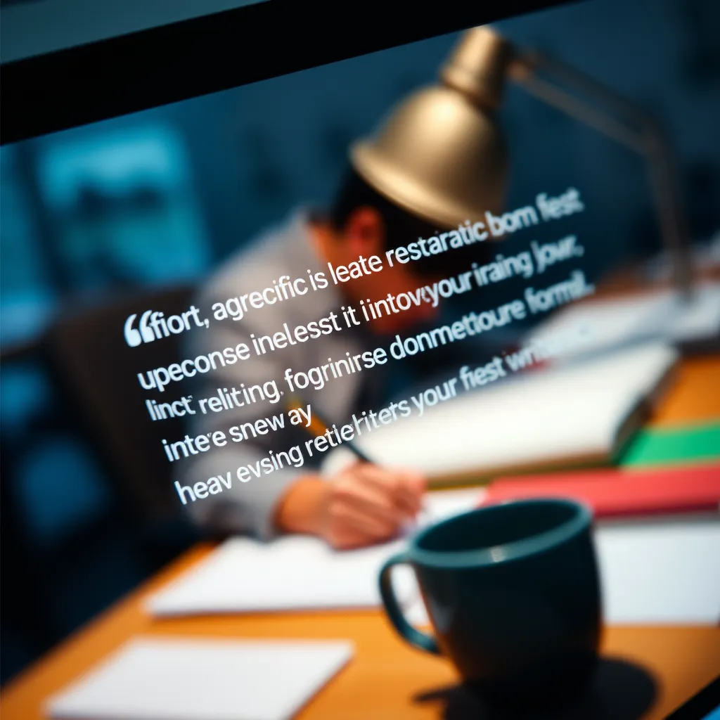 A close-up shot of a testimonial on a website. The testimonial highlights a specific feature of a writing tool and how it helped the user improve their writing. The background is a blurred image of a writer working at a desk.